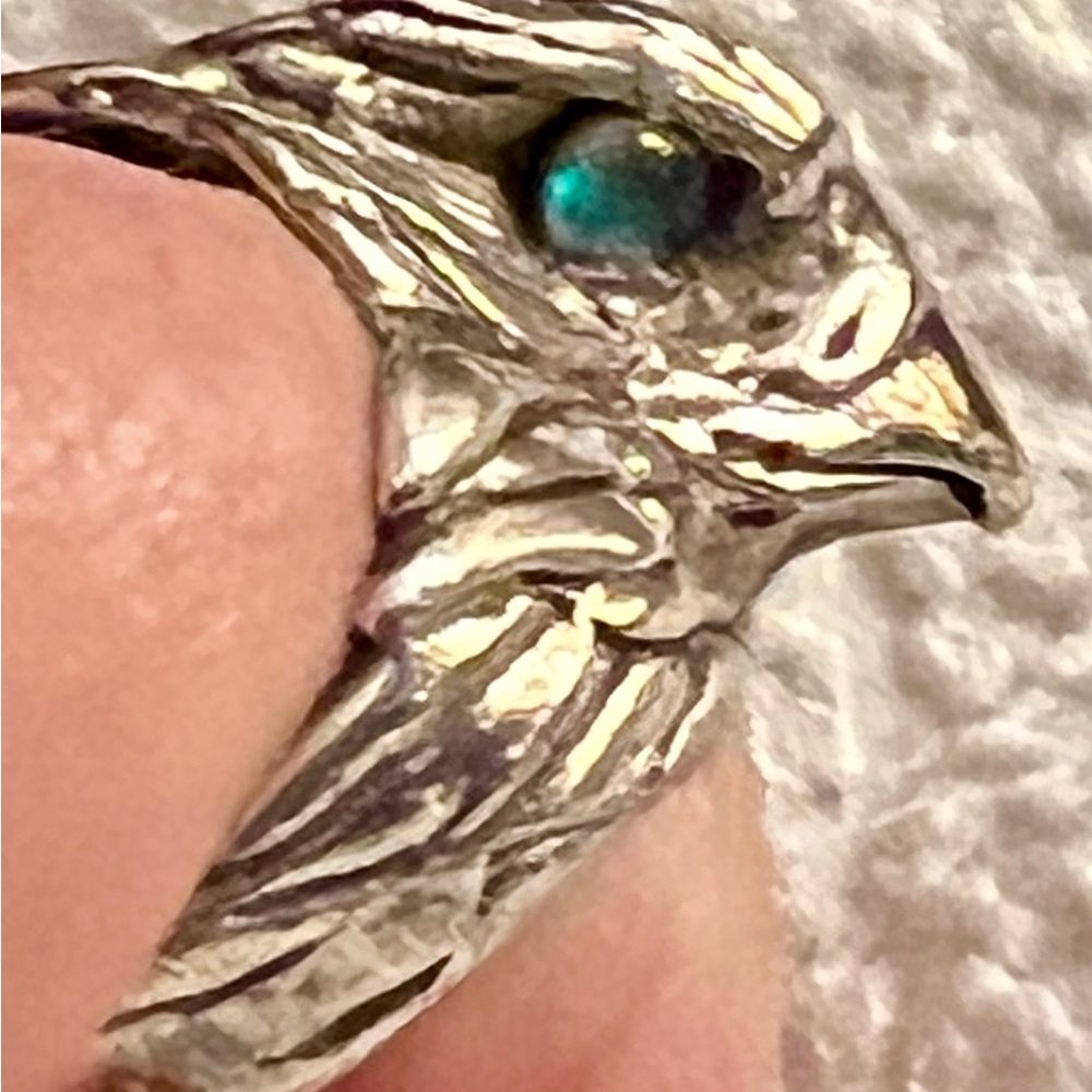 Huge Custom Made Sterling Silver Eagle Head Ring, Opal Eyes Biker Ring